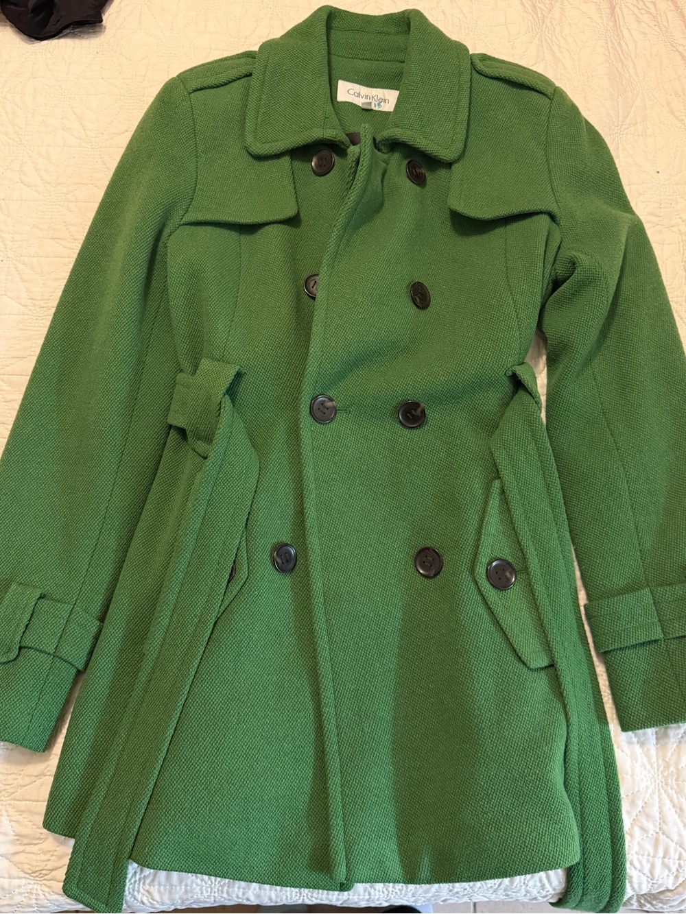 Calvin Klein Wool Blend Green Double-Breasted Belted Statement Pea Coat